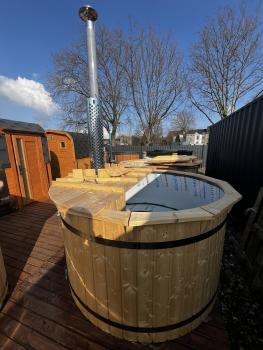 Hot tub 200cm Kunstoff mit inkl/ Holzofen, Holzdeckel, Edelstahl ringe