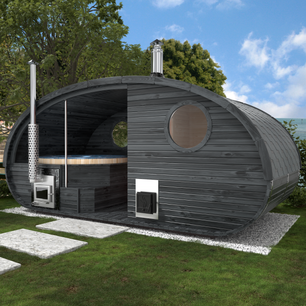 Fasssauna / Gartensauna / Banja / Oval Premium 5.0 M mit Hot Tube