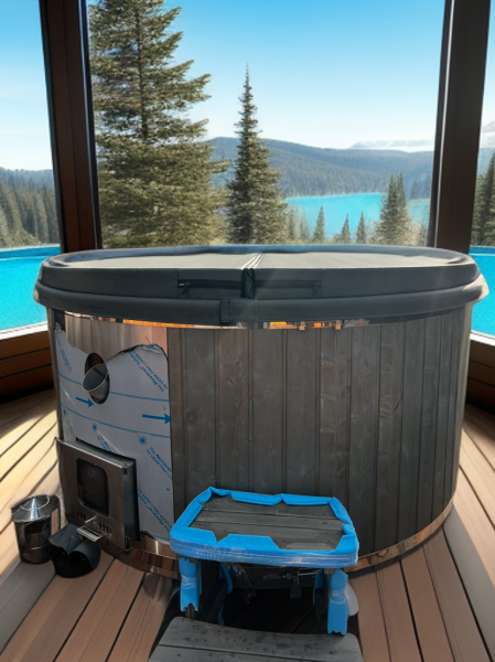 Hot Tub 200cm Fiberglass mit Holzofen und Luxusausstattung, Thermo Deckel,LED-beleuchtung, Inkl Holzofen