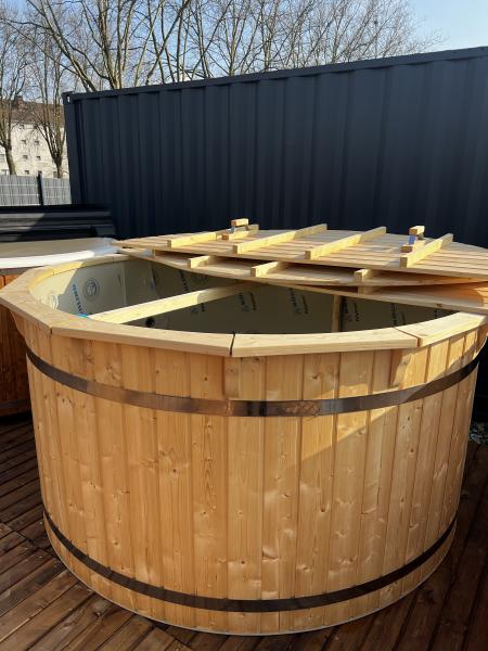 Hot tub 200cm Kunststoffen mit außen Holzofen inklusive, Holzdeckel,Edehlstahl ringe