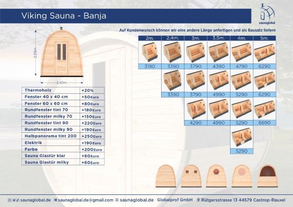 Fasssauna / Gartensauna / Banja / Viking 3,0 m mit Balkon